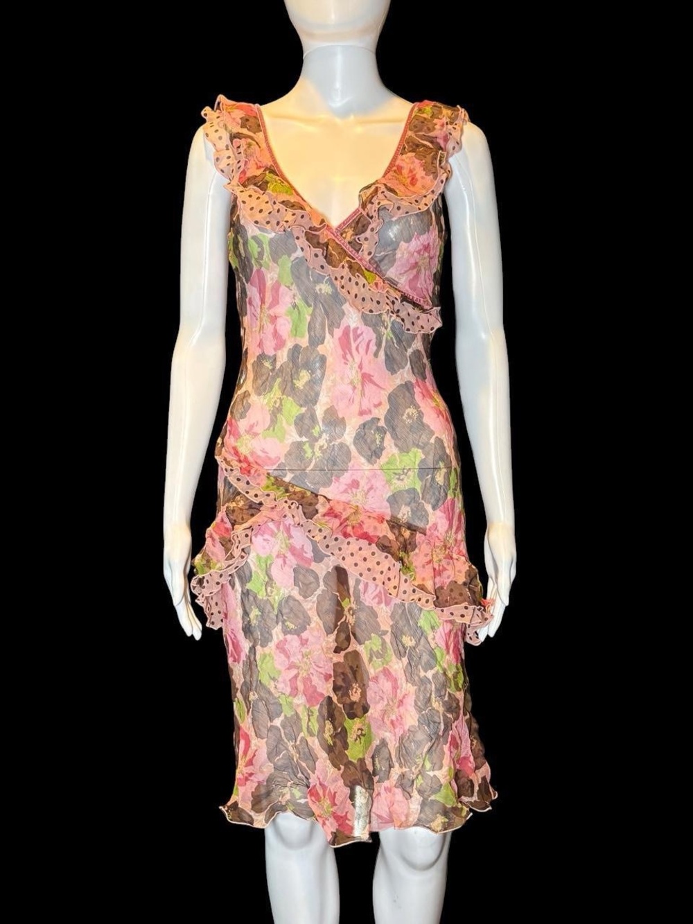 Floral Lace Ruffle Midi Dress in Pink and Green